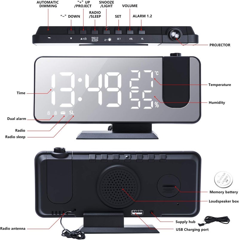 Mightree Projection Alarm Clock for Bedroom, Digital Alarm Clock with USB Charger, 7.4" Large LED Mirror Display Radio Alarm Clock, Dual Smart Alarm with Projection on Ceiling, Black - Image 2